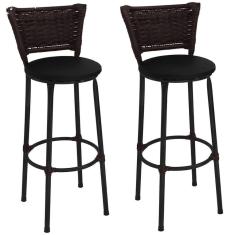 Kit 2 Banquetas Médias Preta com Encosto Junco Argila Assento Preto