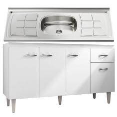 Balcão Gabinete Gabriela Com Pia Inox 150Cm 4 Portas Branco/Preto - Ajl Móveis