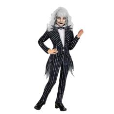 Fantasia infantil de Jack Skellington do pesadelo com gravata borboleta, fantasia de Jack listrado preto e branco
