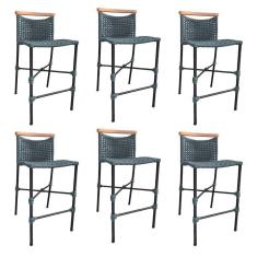 Kit 6 Banquetas Em Corda Náutica Base Em Alumínio Preta Com Detalhe Em Madeira Cinza Cinza