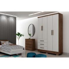 Guarda Roupa 4 Portas E 3 Gavetas C-espelho E Pés Encanto Freijo Cumaru C- Fendi - Novo Horizonte