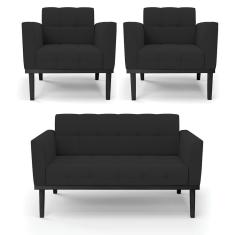 Sofá Namoradeira E 2 Poltronas Base De Madeira Preto Elisa Veludo D03 - D'rossi Cor Preto