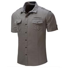 Camisa masculina Elonglin com botão de metal, 100% algodão, casual, manga curta, slim fit, Cinza, S