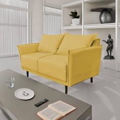 Sofá 2 Lugares Veludo Amarelo Pietro Base em Madeira Maciça