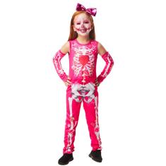 Fantasia Halloween Menina Esqueletinha Rosa Infantil c/ Luva