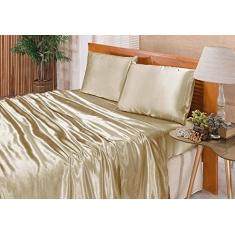 Jogo De Lençol Solteiro Cetim Seda Bege 3 Peças