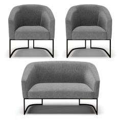 Sofá Namoradeira E 2 Poltronas Base Industrial Preto Stella Linho Grafite A26 D03 - D'rossi