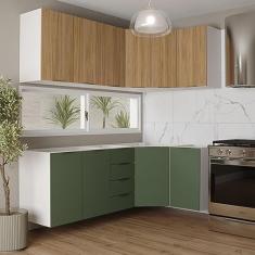 Cozinha Modulada 6 Peças Sem Tampo 3 Aéreos e 3 Balcões Ipanema Cabecasa Madeiramadeira Acácia/verde Folha/branco