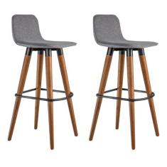 Kit 2 Banquetas Altas Luxo Linea Aço Preto Linho Cinza Base Carvalho  