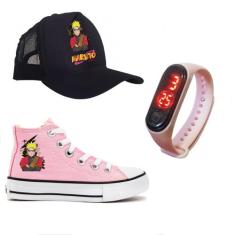 Kit Tênis Boné E Relógio Naruto Lançamento - Milene Store, Rosa, 28