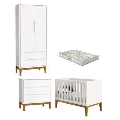 Quarto De Bebê 2 Portas E Cômoda Gaveteiro New Classic Branco Com Pés Madeira E Colchão Gazin ? Reller