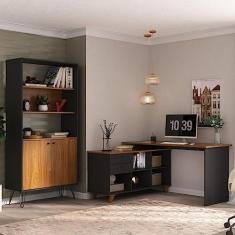 Conjunto Home Office 2 Peças Escrivaninha Gold com Estante Hit Freijó/Preto