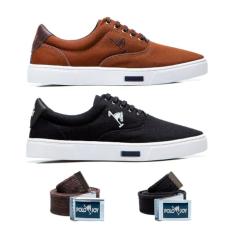 Kit 2 Tênis Casual Em Lona E 2 Cintos Polo Joy Preto e Marrom 46
