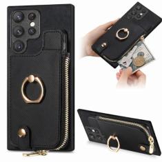 Capa de couro com suporte de anel de carteira para cartões com zíper para Samsung Galaxy A54 A34 A14 A53 A12 A23 5G S23 Ultra S22 S21 Plus capa de bolsa, preta, para Galaxy S23FE