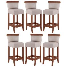 Kit 6 Banquetas Média Estofada Encosto Diamantina 36x90Cm Balcão Madeira Maciça Linho Bege M58 - RMI