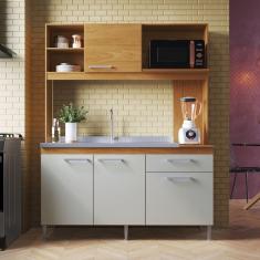 Cozinha Compacta Mali 4 Portas 1 Gaveta com Nichos e com Espaço Micro-ondas 151,5cm marrom / Off white