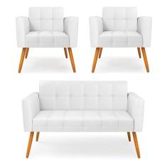 Kit 1 Sofá Namoradeira E 2 Poltronas Elisa Corino Branco Pés Palito Castanho - D`rossi