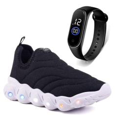 Tenis Infantil De Led Calce Facil Elastico Meninos Masculino + Relogio