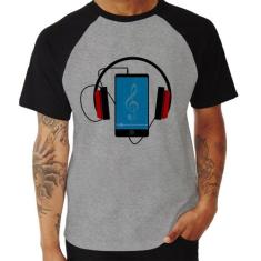 Camiseta Raglan Headphone Smartphone - Foca na Moda, Cinza, Preto, M