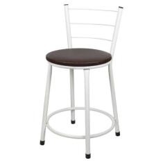 Banqueta Baixa Para Cozinha Branca Assento Marrom - Lamar Design