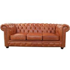 Sofá 3 Lugares Sala de Estar 235cm Chesterfield Pés Madeira Couro Conh