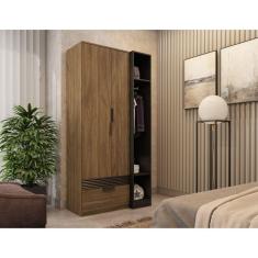 Guarda Roupa Solteiro 2 Portas 1 Gaveta Capri Marafon Móveis Nogueira/Preto