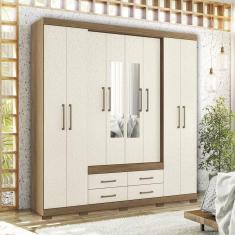 Guarda-roupa Casal 8 Portas 4 Gavetas com Pés e Espelhos Nápoles Jatobá/Areia