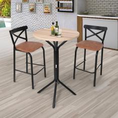Conjunto Bistrô Tampo 0,65m Redondo com 2 Banquetas Tubo Paris Preto fosco / Caramelo