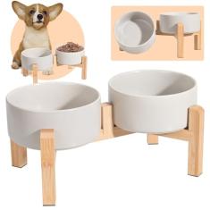 Conjunto de tigelas de cerâmica elevada para cães – Tigelas elevadas para cães com suporte de bambu antiderrapante – Conjunto de tigela para comida e água – Tigelas duplas para alimentação de cães –