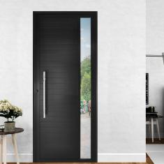Porta De Alumínio Lambril 210X100Cm Com Visor E Puxador Lado Esquerdo Preto