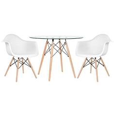 Loft7, Mesa redonda Eames com tampo de vidro 100 cm + 2 cadeiras Eiffel Daw branco