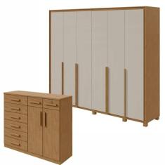 Conjunto de Guarda-Roupa 6 Portas com Pés Imperatore com Cômoda Toronto Amêndoa Clean/Off White