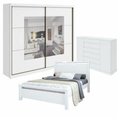 Conjunto com Guarda-Roupa com Espelho Toronto Plus e Cômoda Vedra e Cama Casal Reali Branco