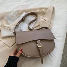 Bolsa de ombro de sela Bolsas crossbody de couro PU para mulheres bolsas clássicas, cáqui