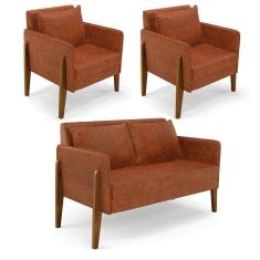 Kit 1 Sofá Namoradeira E 2 Poltronas Lana Corano Nozes Base De Madeira - D`Rossi