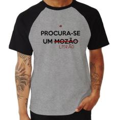 Camiseta Raglan Procura-se um Litrão - Foca na Moda, Cinza, Preto, M