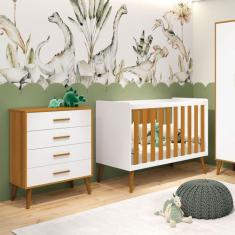 Berço Americano 2 em 1 e Comoda Gaveteiro Isis Branco Fosco/ Savana Fo