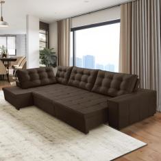 Sofá de Canto Retrátil e Reclinável com Molas 3,40x2,00 Esq Jacke Suede Marrom Adonai Estofados