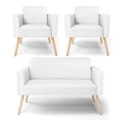 Sofá Namoradeira Com 2 Poltronas Pés Palito Natural Marisa Corino Branco D03 - D'rossi