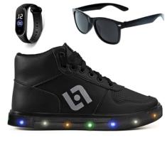 Tenis Infantil De Led Meninos Botinha Cano Alto Escolar Casual Basico + Oculos Relogio