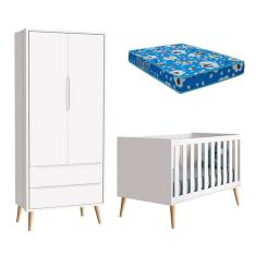 Berço Americano e Guarda Roupa 2 Portas Infantil Theo Branco Acetinado com Pés Madeira Natural e Colchão – Reller