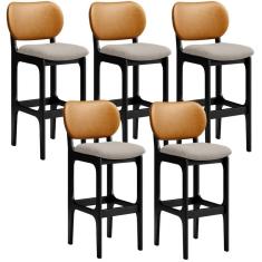 Kit 5 Banquetas Alta Betta Preto Whisky Linho Bege