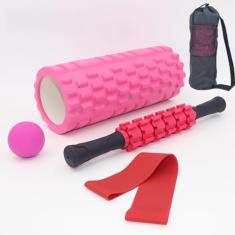 Rolo massagem liberação miofascial 5x1 foam roller com bastão massagem e bola lacrosse e mini band com bolsa pra carregar(rosa)
