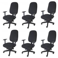 Kit 6 Unidades Cadeira Escritório Secretária Giratória com Braço Regulável em Couro Preto