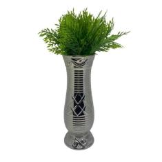 Vaso Alto Luxo Com Trabalhado Prata E Planta Artificial