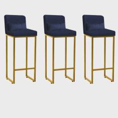 Kit 03 Banqueta Alta com Encosto Lucca Industrial Cozinha Balcão Ferro Dourado Corino Azul Marinho e Almofada Azul Marinho - Ahazzo Móveis
