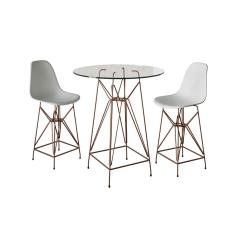 Jogo Mesa Bistrô Eames Vidro 60Cm 2 Banquetas Branca Base Ferro Cobre - Cor: Branco