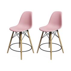 Kit 2 Banquetas Eames Eiffel De Madeira Assento Rosa Claro - Cor: Rosa