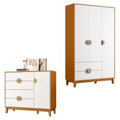Kit Guarda Roupa Ipê Com Comoda Ipê Com Pés Madeira Maciça Cinamomo/Branco