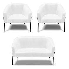 Sofá Namoradeira E 2 Poltronas Pé De Ferro Preto Stella Corano Branco D03 - D'rossi